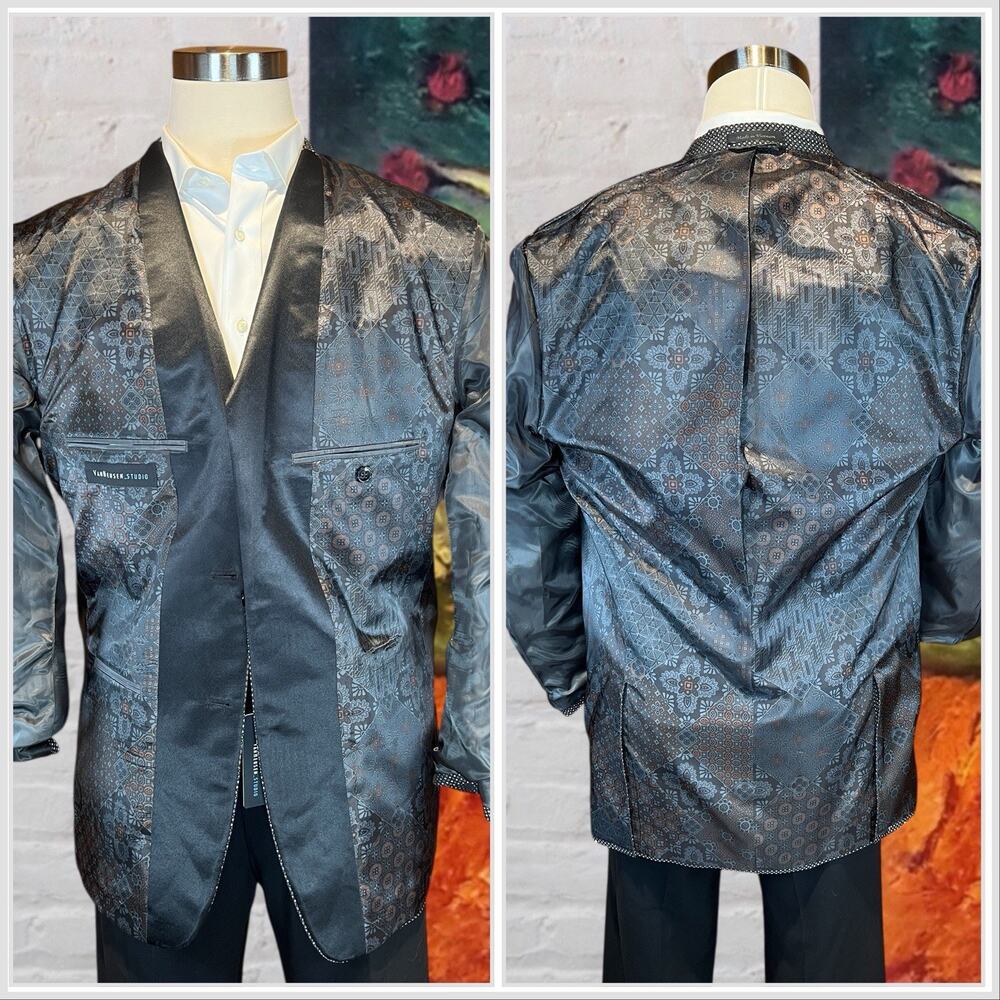 New Van Heusen Mens 42L Black White Geometric Tuxedo Dinner Jacket - Picture 8 of 15